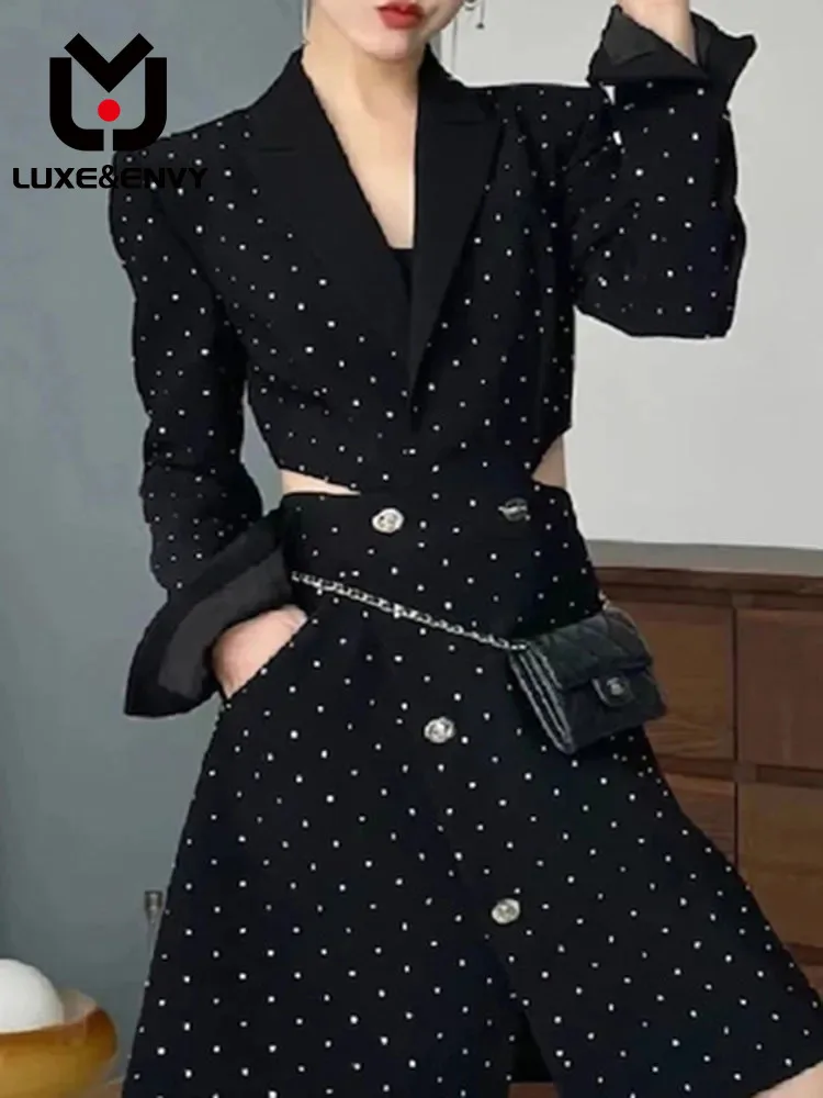 

LUXE&ENVY Black Hepburn Style Hot Diamond Dress With A Niche Design Feeling Hollowed Out Waist Slimming Suit Skirt 2023 Autumn