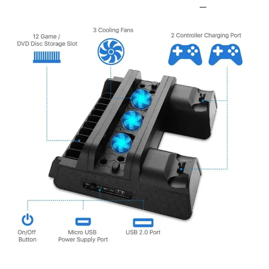 PS4 슬림 프로용 냉각 스탠드, 컨트롤러 충전 스테이션 핸들 충전기 도크, 디스크 슬롯 게임 카드, 플레이스테이션 4 용