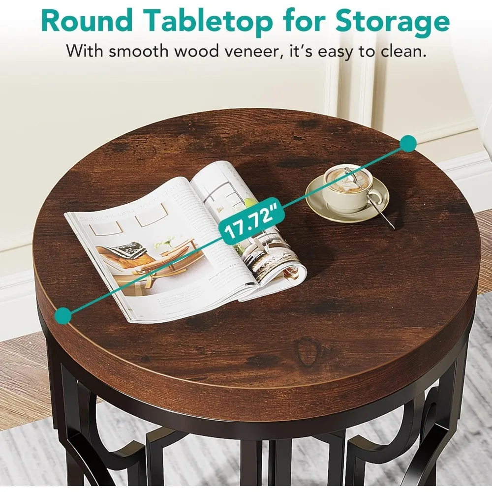 Round End Table Set of 2,  Industrial Side Table with Metal Hollow Frame 6