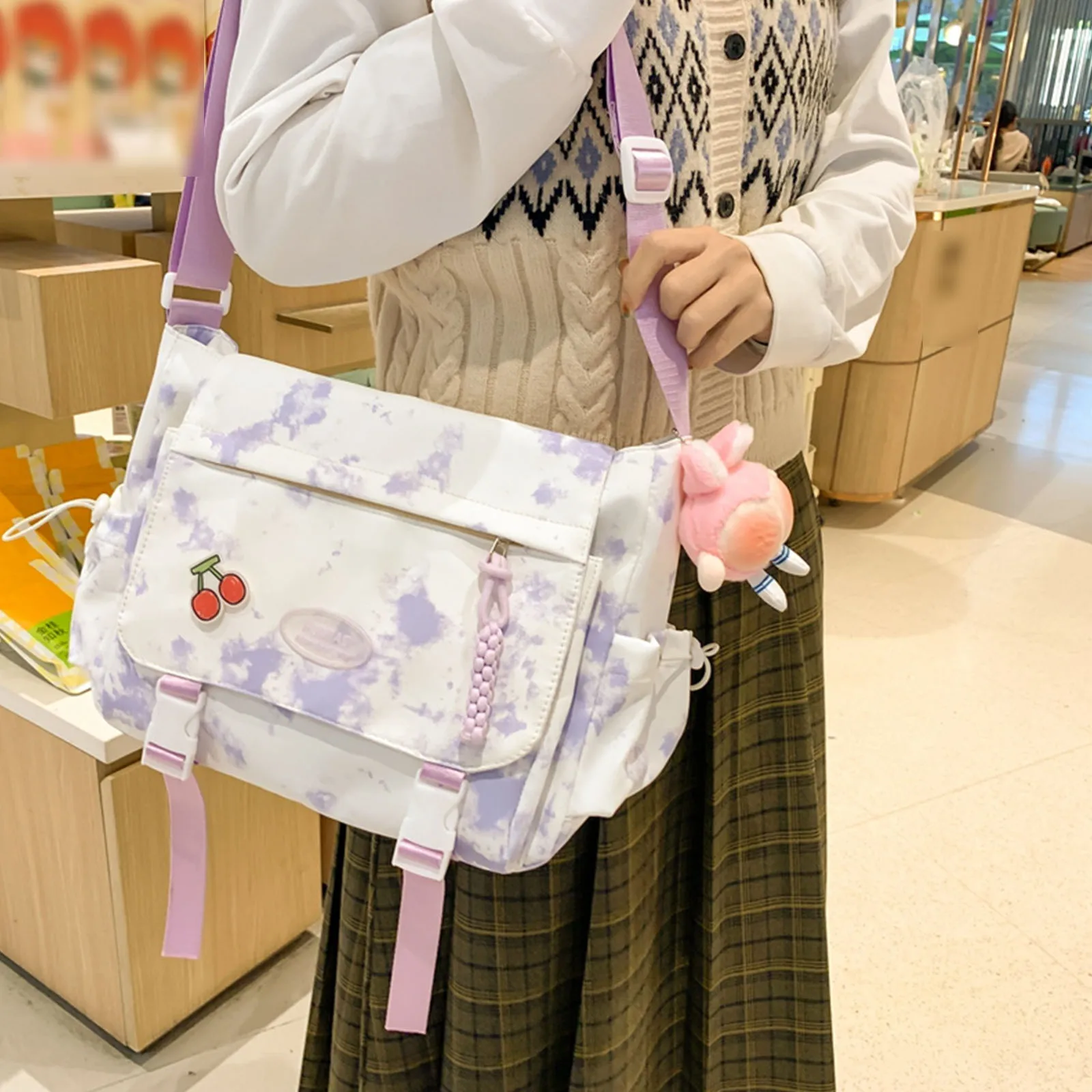 Women Nylon Crossbody Bag W/Pendant Tote Bag Laptop Bag Large Capacity for Travel Shopping Daily Use