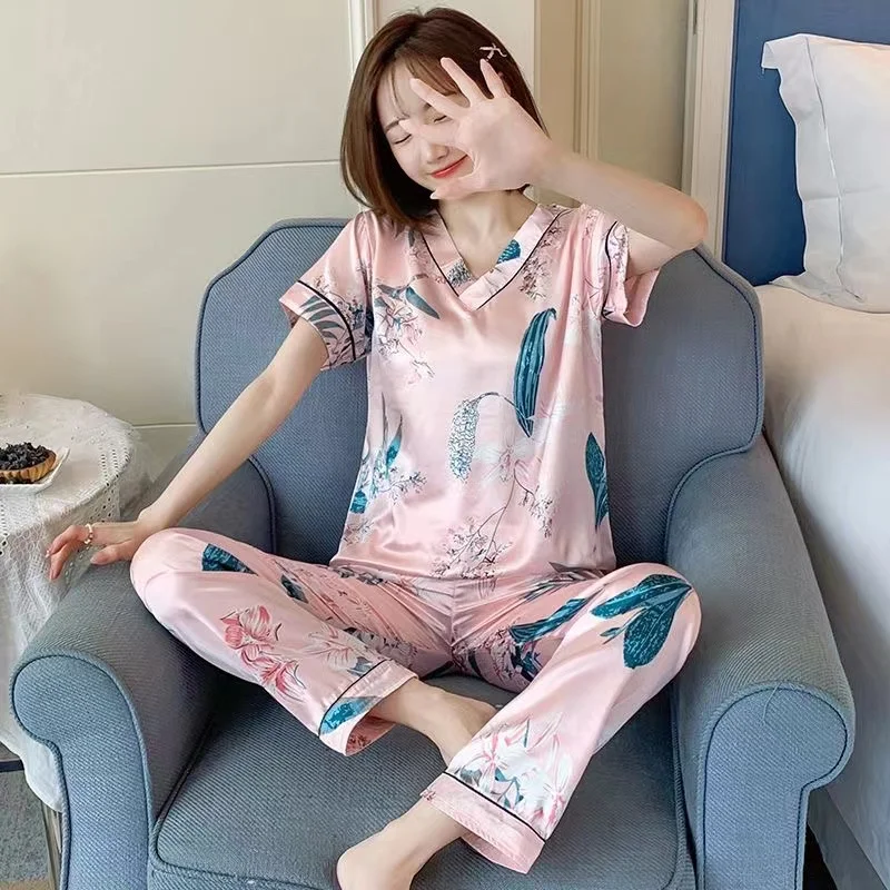 Spring and summer Ice silk pajamas women's short sleeved trousers home wear 2024 new large print casual lovely sweet suit