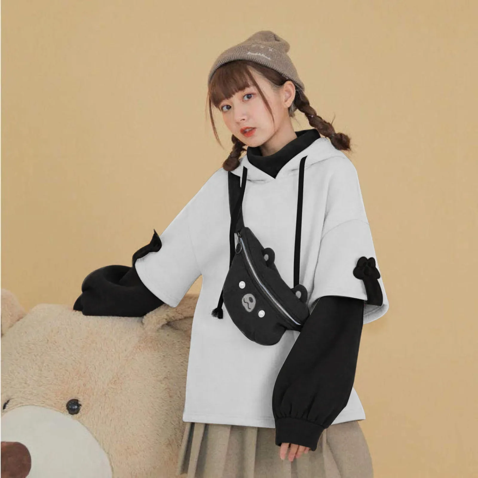 Felpa Con Cappuccio Harajuku Estetica Orso Kawaii – Donna – Manica Lunga – Streetwear Coreano KPOP – Vestiti Autunno Inverno