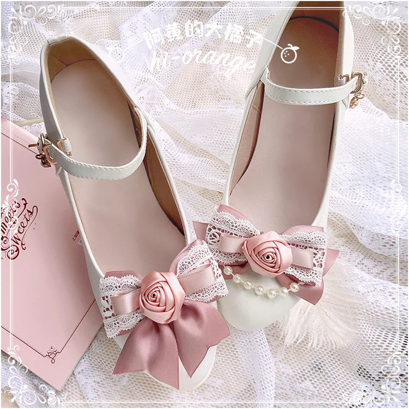 Lolita Princess Pink Shoe Clip Handmade Lace Flower Bowknot Shoe Buckle Detachable Bow Girl Women's Sweet Shoe Ornament
