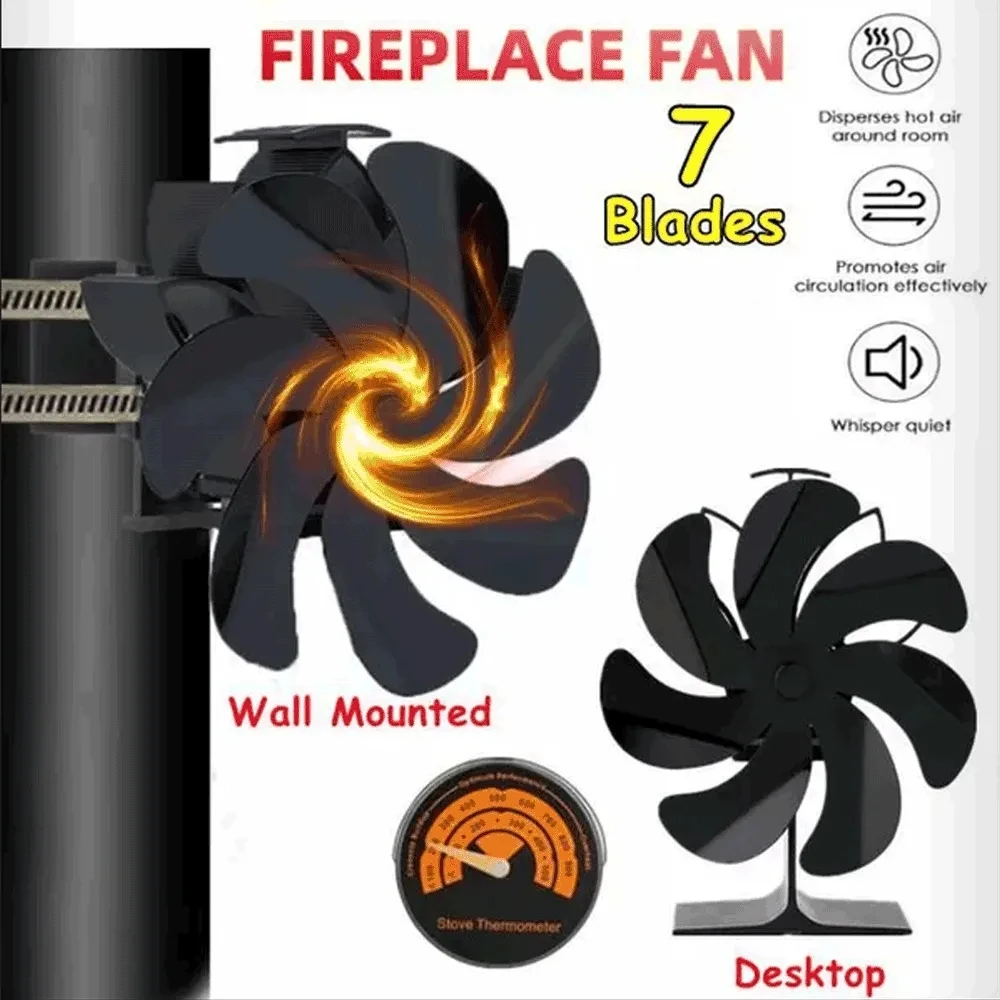 

7 Blades Heat Powered Fireplace Fan Quiet Safe Burning Stove Fan Efficient Heat Distribution for Home Firewood Log Wood Burner