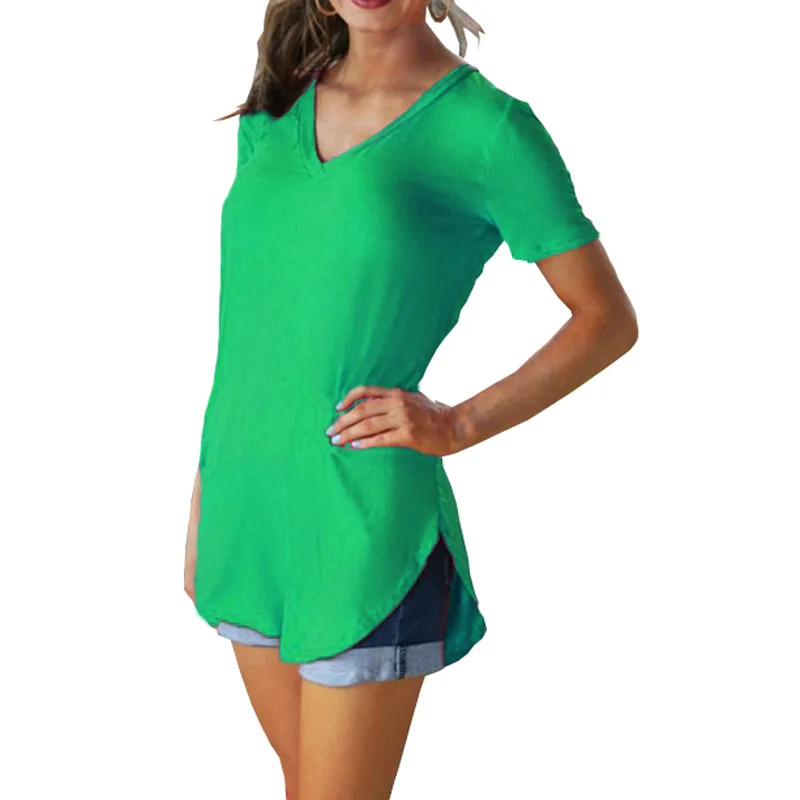 Cross-Border European And American Summer Women's V-Neck Short Sleeve Loose T-Shirt Hem Arc Large Size Solid Color Top Women 6