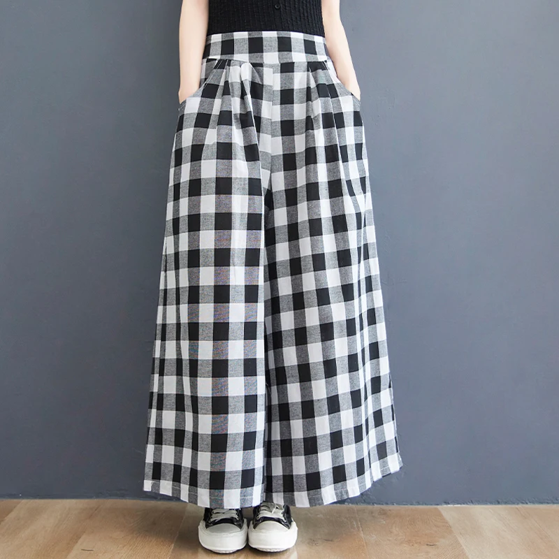 

Women Wide Leg Pants 2023 New Summer Retro Plaid Cotton Blend Oversized Long Pants Office Lady Casual Loose Straight Pants