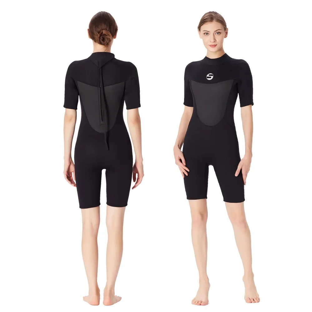 Women's Neoprene One Piece Diving Suit Short Sleeves Swimwear Surfing Snorkeling Suit Sun Protection Shorty Wetsuit