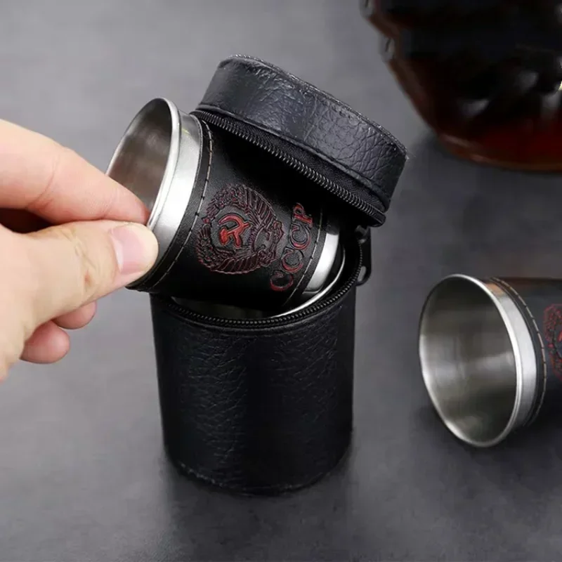 Shot Glasses 4pcs Vodka Cup 304 PU Holster Russia Stainless Steel Mini Wine Tumbler 30ml Shot Glass Set Outdoor Product