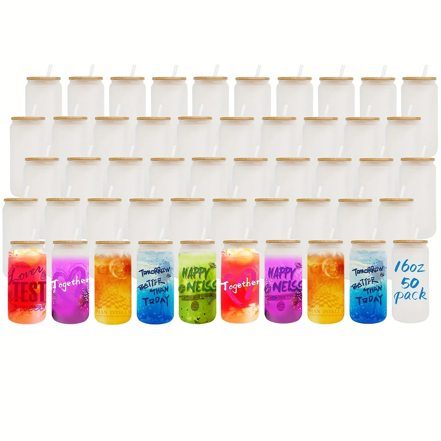 

Kocdam 50pcs, Sublimation Glass Cups With Bamboo Lids And Straws, 16oz Frosted Blanks Sublimation Beer Cans, Borosilicate Glasse
