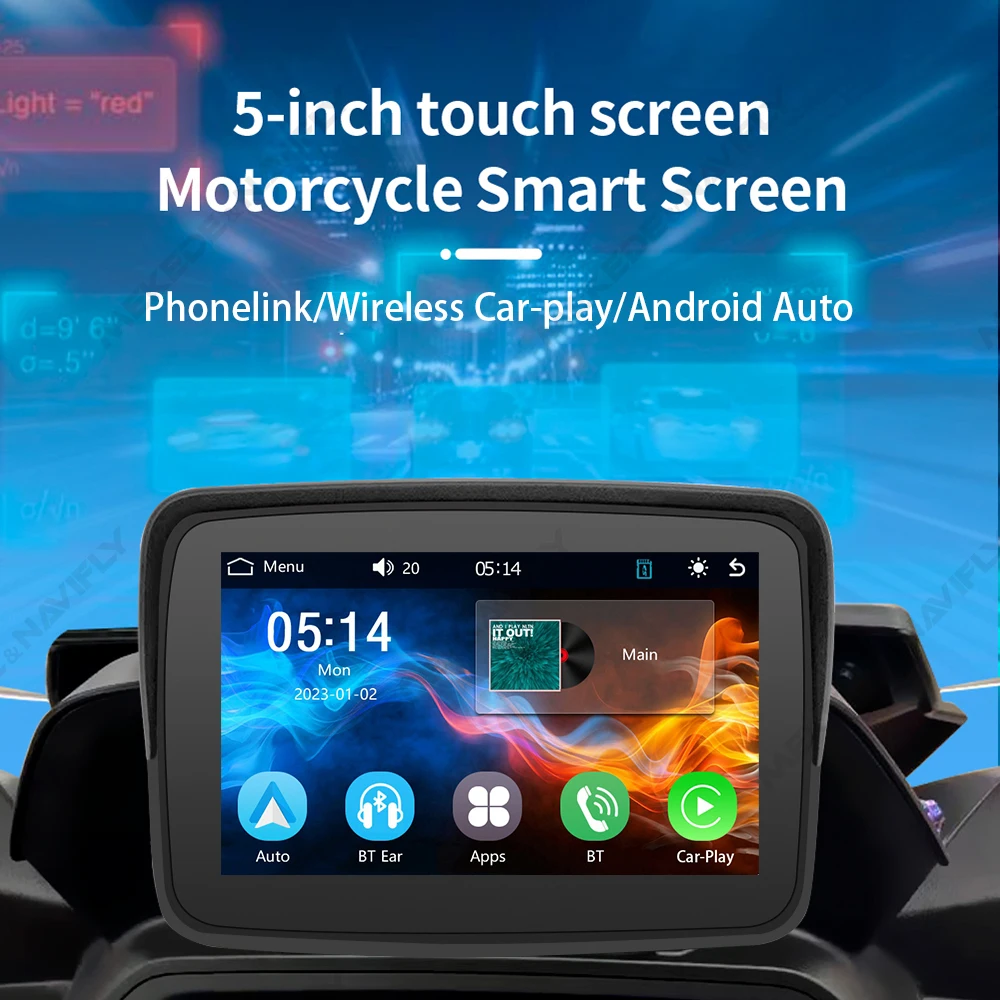 NaviFly 5인치 오토바이 Carplay 휴대용 디스플레이 화면 터치 가능 방수 모니터 무선 Carplay 안드로이드 Auto