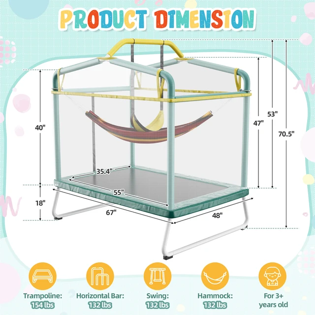 6FT Rectangle Trampoline for Small Spaces, 4-in-1 Kids Trampoline with Swing & Safety Enclosure Net, Ideal for Sensory Play & Indoor/Outdoor Use for Ages 3-8, ASTM Approved