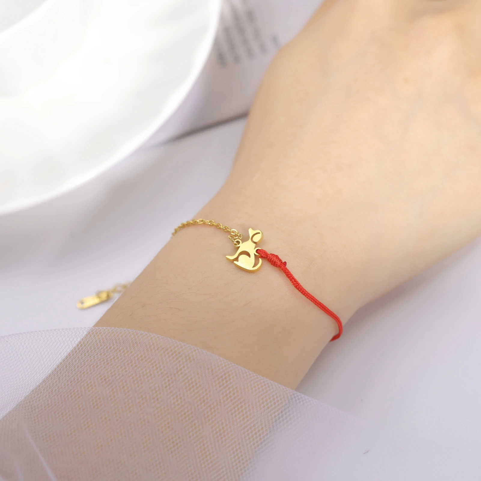 Cute Dog Women's Hand Bracelet Wax Cord Stainless Steel Gold Color - PeticaDeals