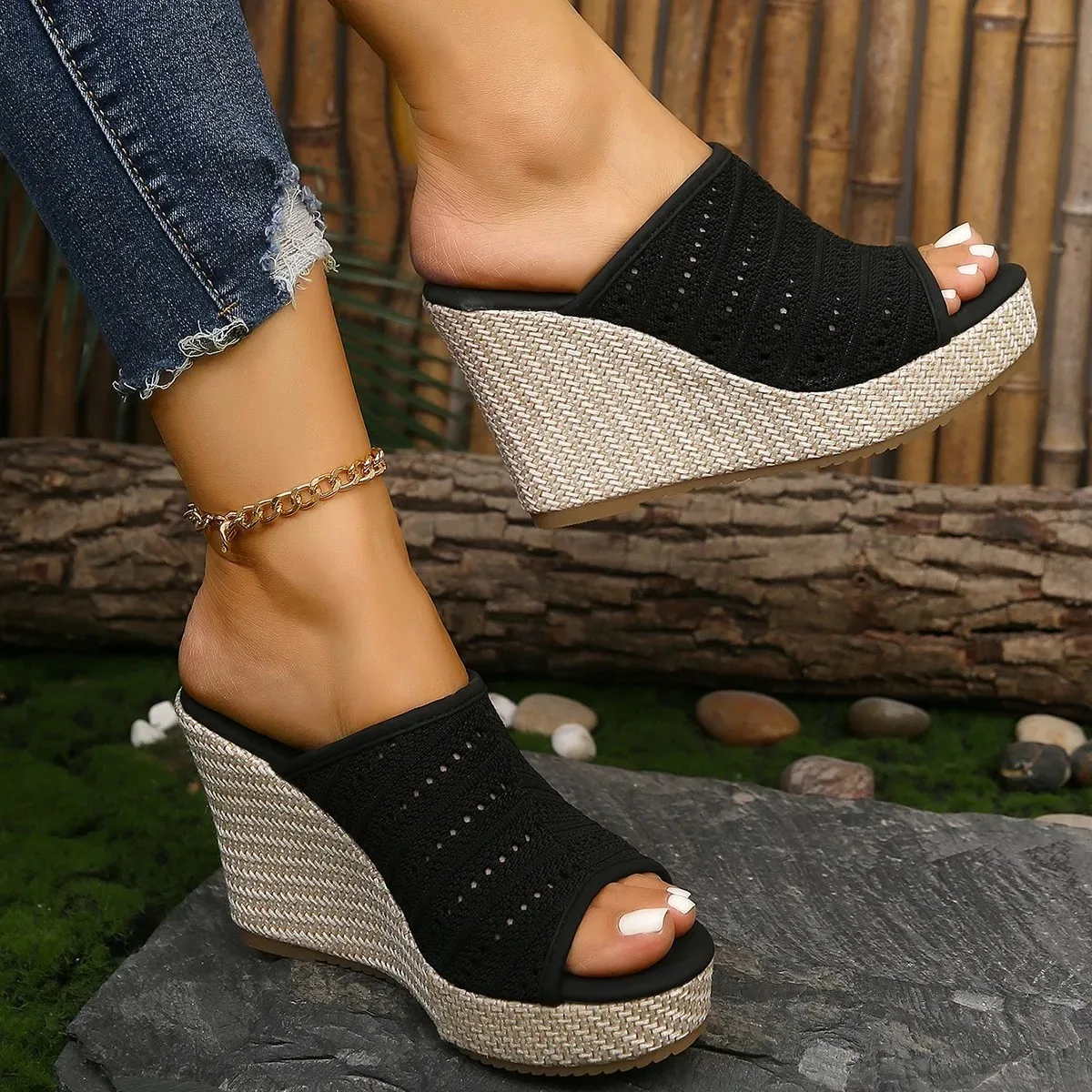 Women Slippers Fashion Wedge Platform Sandals Summer Peep Toe 10cm High Heeled Sandals for Women Mesh Breathable Casual Slippers