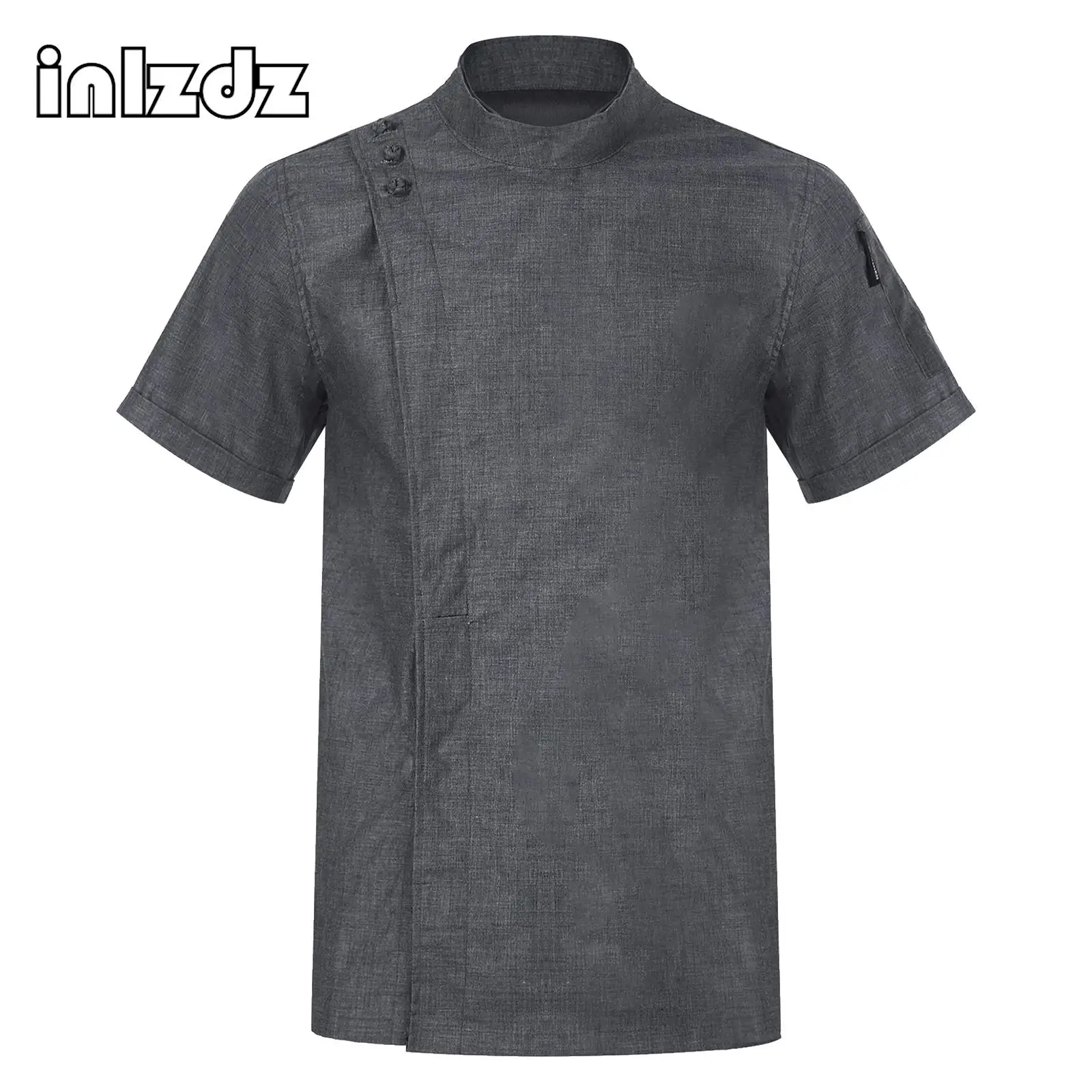 

Short Sleeve Restaurant Hotel Kitchen Chef Jacket Mens Womens Chinese Style Mock Neck Canteen Work Uniform Tops Workwear