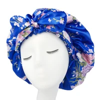 Soft Silky Print Satin Bonnet for Women Large Nightcap with Long Satin Ribbon Tie Band Bonnet Adjustable Wide Band Head Wrap Hat 2