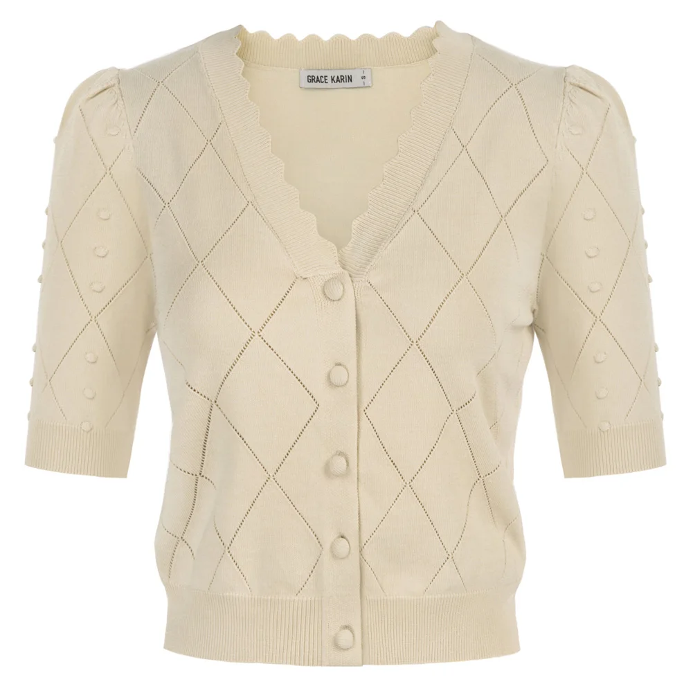 

GRACE KARIN Womens Cropped Cardigan Puff Short Sleeve Sweaters Tops V-Neck Button Up Knitwear Summer Short Cardigan Tops Blouse