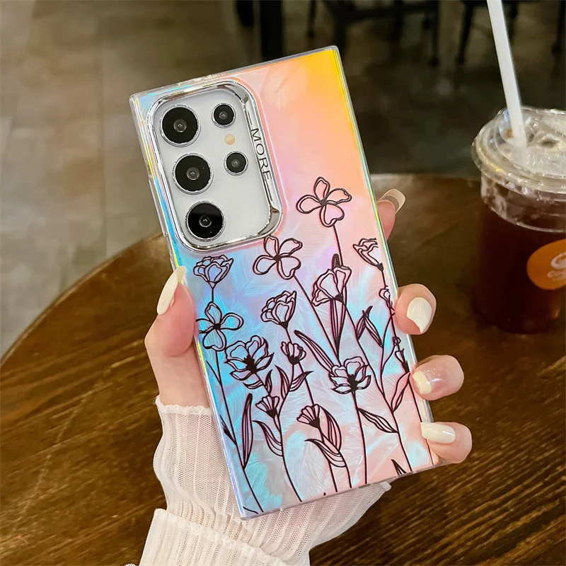 Coque de téléphone à motif de fleur laser pour Samsung Galaxy S25 S23 FE S24 Plus S22 Ultra A14 A15 A55 A54 A25 A35 A34 Coque arrière rigide en PC mat_voghion.com