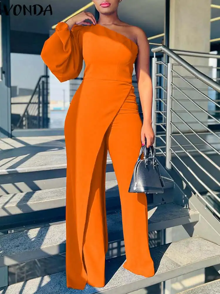 VONDA Women Sexy Off Shoulder Jumpsuit 2024 Elegant Long Sleeve Party Rompers Irregular Hem Solid Casual Loose Party Playsuits