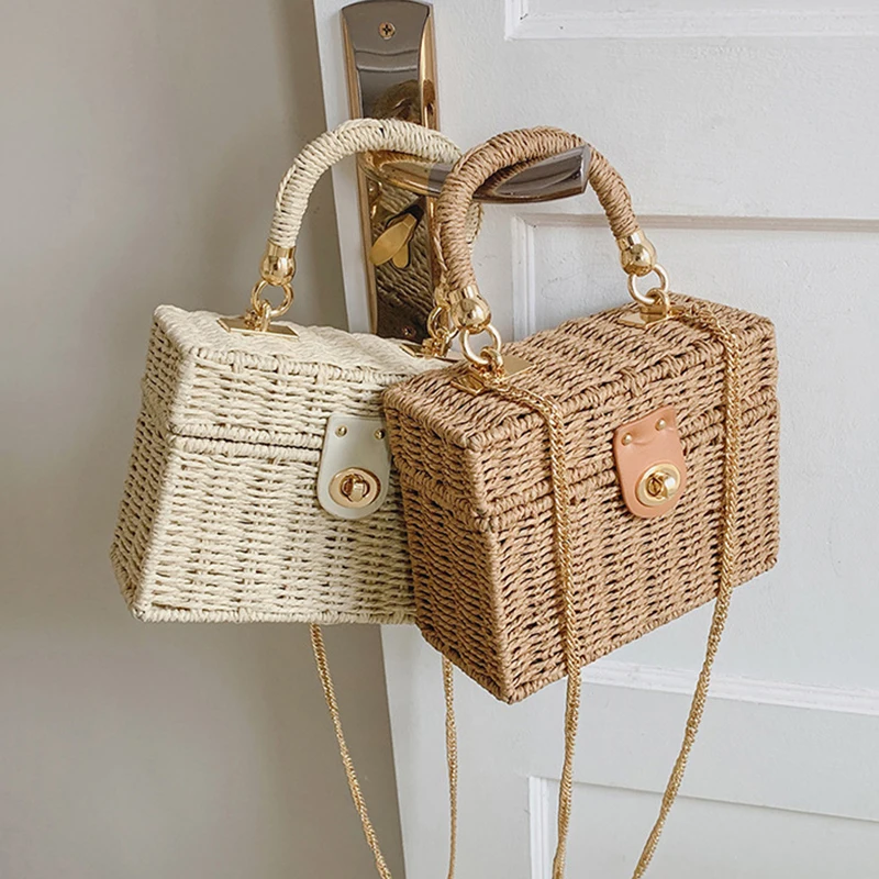 Straw Woven Box Bag Fashion Shoulder Bag Crossbody Bag Beach Vacation Style  Square Bag