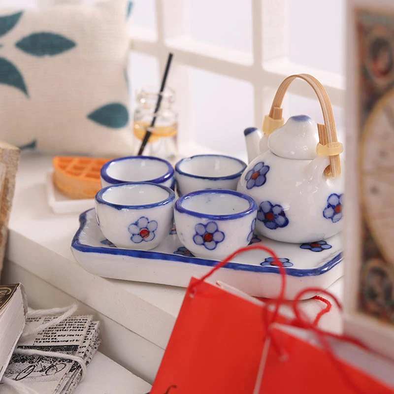 

6pcs 1/12 Dollhouse Miniature Accessories Mini Ceramics Tea Set Simulation Kettle Plate Cup Model Toys Doll House Decoration