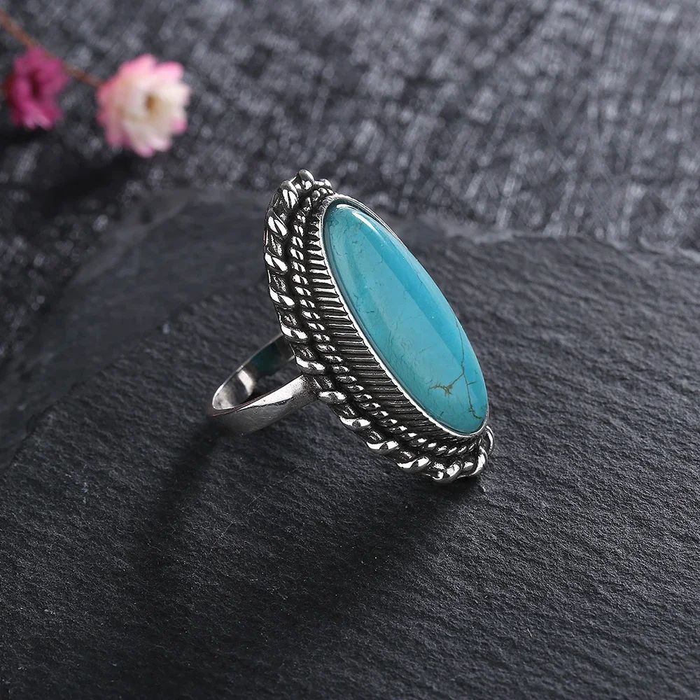 Big Stone 11*25mm Natural Turquoise Ring for Women Sterling Silver 925 Rings Retro Design Fine Jewelry Gifts Luxury Finger Ring