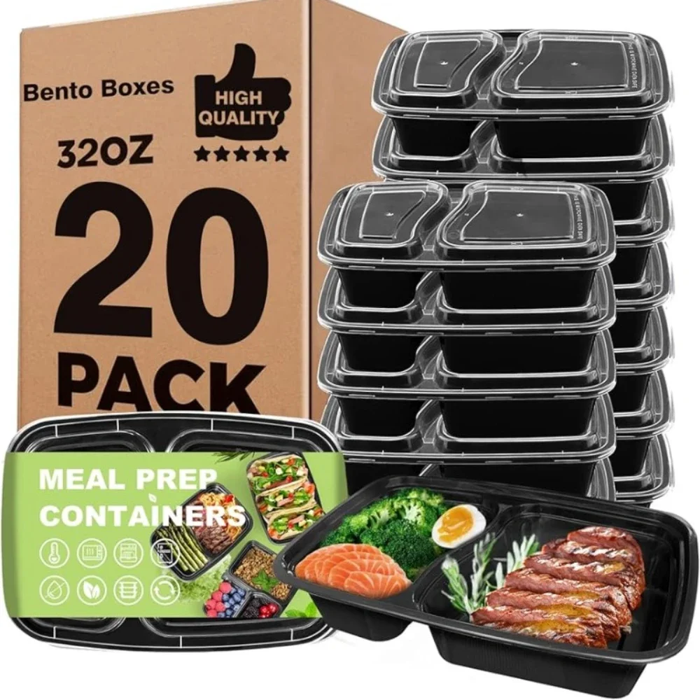 disposable containers disposable lunch box food storage containers 25PCS takeaway lunch box with 2-pocket lid for travel microwave/dishwasher/freezer safe