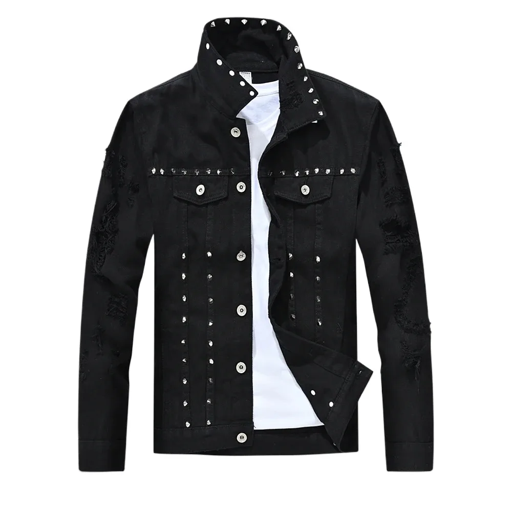 

Куртка мужская джинсовая с заклепками, модная верхняя одежда из денима в стиле хип-хоп, уличная одежда в стиле панк