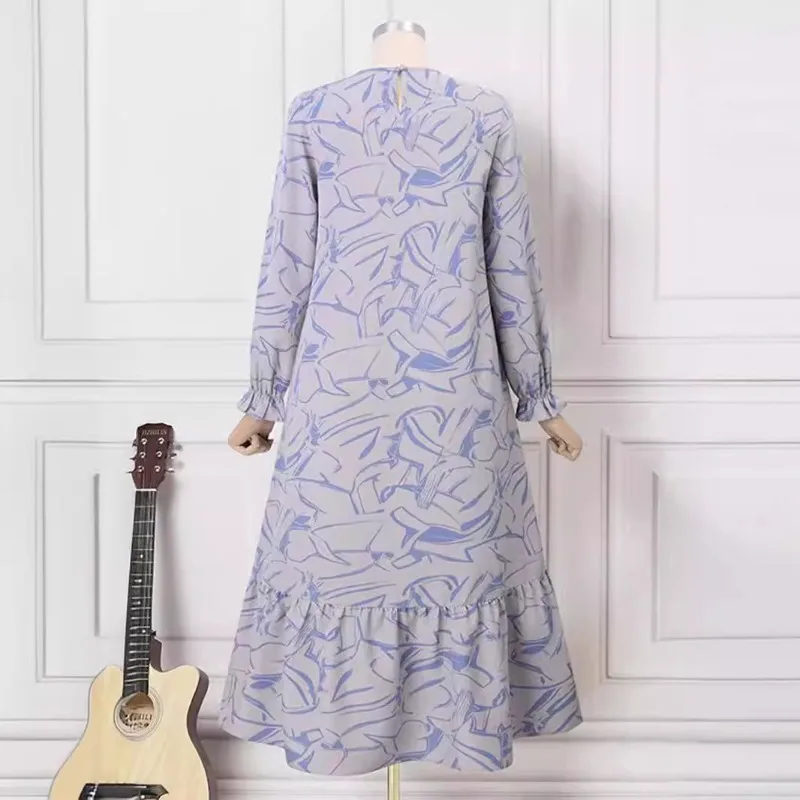 2024 Muslim Women Dress Middle East Fashion Robe Long Sleeve Geometric Print Flounce Abaya 4
