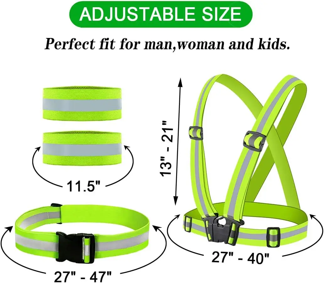 Reflective Safety Vest Reflective Straps Reflective Waist Belt 1 Set Adjustable Elastic Reflective Vest Reflective Glow Belt with 2Pack Reflector Armbands for Running Jogging Walking Cycling