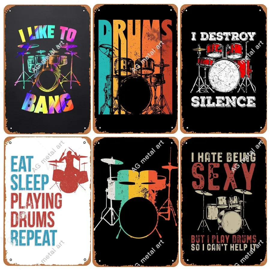 

Vintage Rock and Roll Band Drums Set Tin Sign Wall Art Metal Poster Iron Plate Retro Plaque for Club Bar Pub Home Decoration