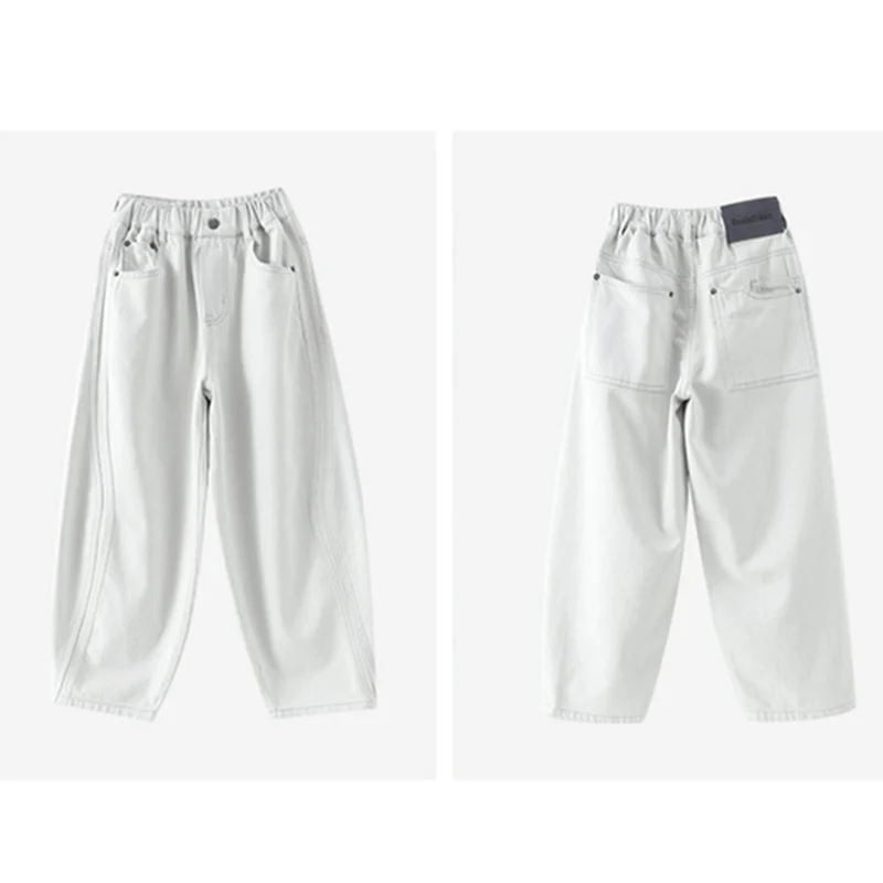 새로운 봄 아동용 화이트 진 남아 데님 팬츠 키즈 y2k 캐주얼 스트리트웨어 루즈핏 배기 바지 5 6 7 8 9 10 11 12 13 14세