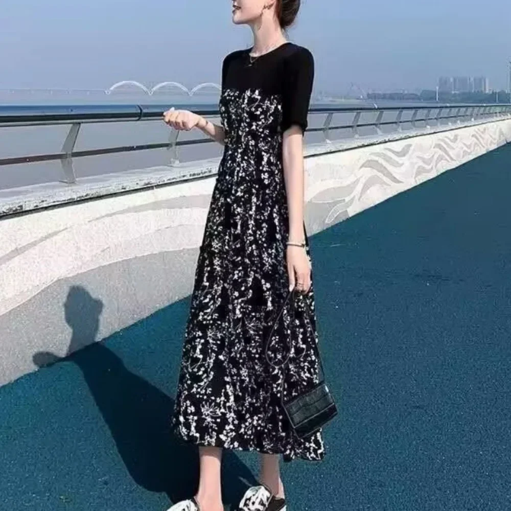 New Summer Korean Version Elegant and Loose Floral Dress Short Sleeved Printed Patchwork Bandage for Women's Long Dress 원피스