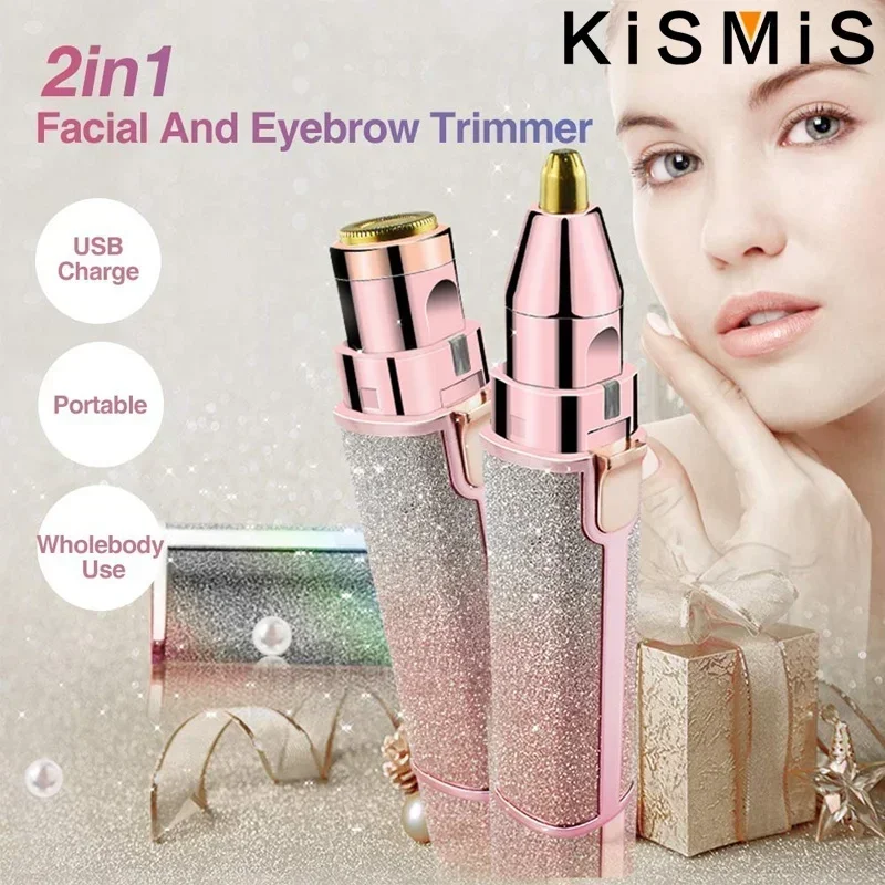 2-in-1 USB Rechargeable Eyebrow Trimmer Painless Electric Shaver Razor Facial Eyebrow Lips Nose Body Hair Removal