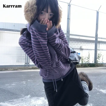 Karrram Japanese Y2k Purple Striped Cardigan 2000s Style Turtleneck Knitted Jacket Vintage Harajuku Zipper Knitwear Korean 90s 1