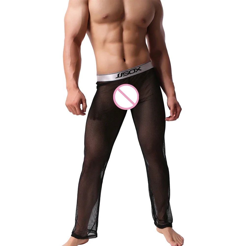 Men Sexy Soft Mesh Sheer See-through Pants Loose Lounge Trousers Sleepwear Man Hot Translucent Long Sleep Pants Homewear Pyjamas