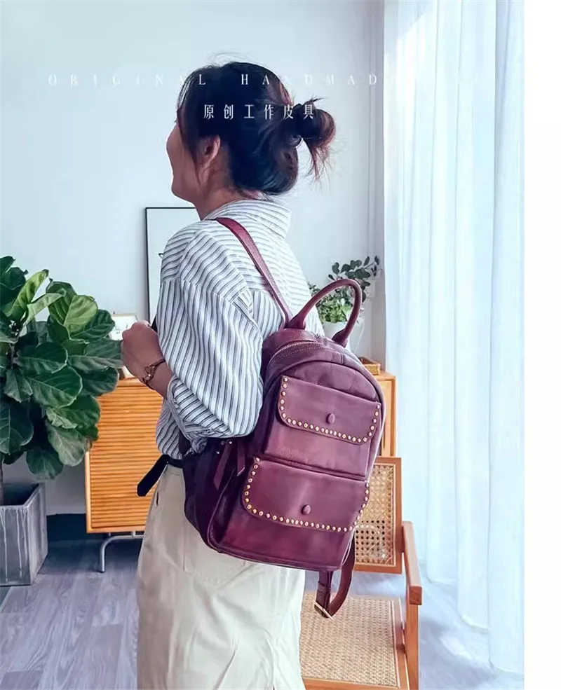 Pndme Outdoor Travel Designer hand gefertigte Echt leder Frauen Rucksack lässig Luxus natürliche echte Rindsleder weibliche Niet Schult asche – Detail 22