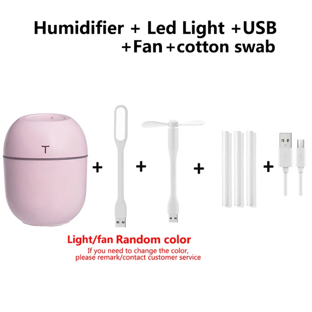 200ML Mini Ultrasonic Air Humidifier Romantic Light USB Essential Oil Diffuser Car Purifier Aroma Anion Mist Maker With LED Lamp pink-fan-light