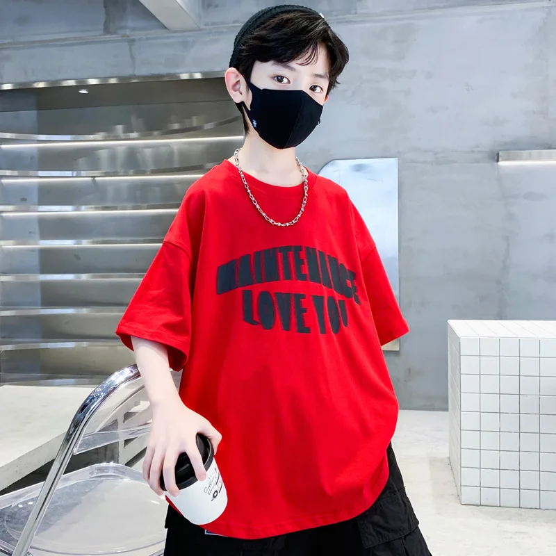 

Boys Clothes T Shirt Round Neck Short Sleeves Fashion Children Tshirts Letter White Red Teenager Kids Korean Hot Deals Tees Tops
