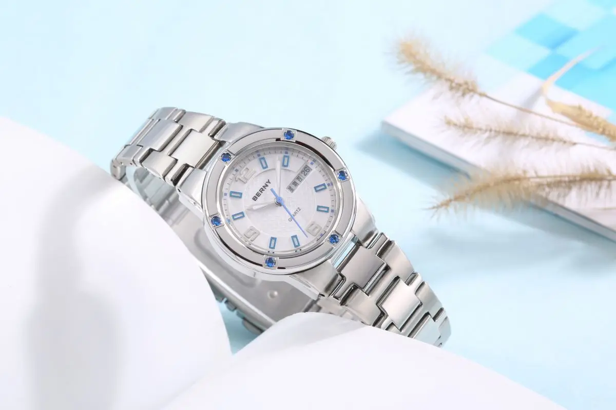 BERNY Damenuhren, leuchtendes Datum, Woche, Kalender, Edelstahl, Quarz, Damen-Armbanduhr, wasserdicht, lässige Damenuhr – Detail 3