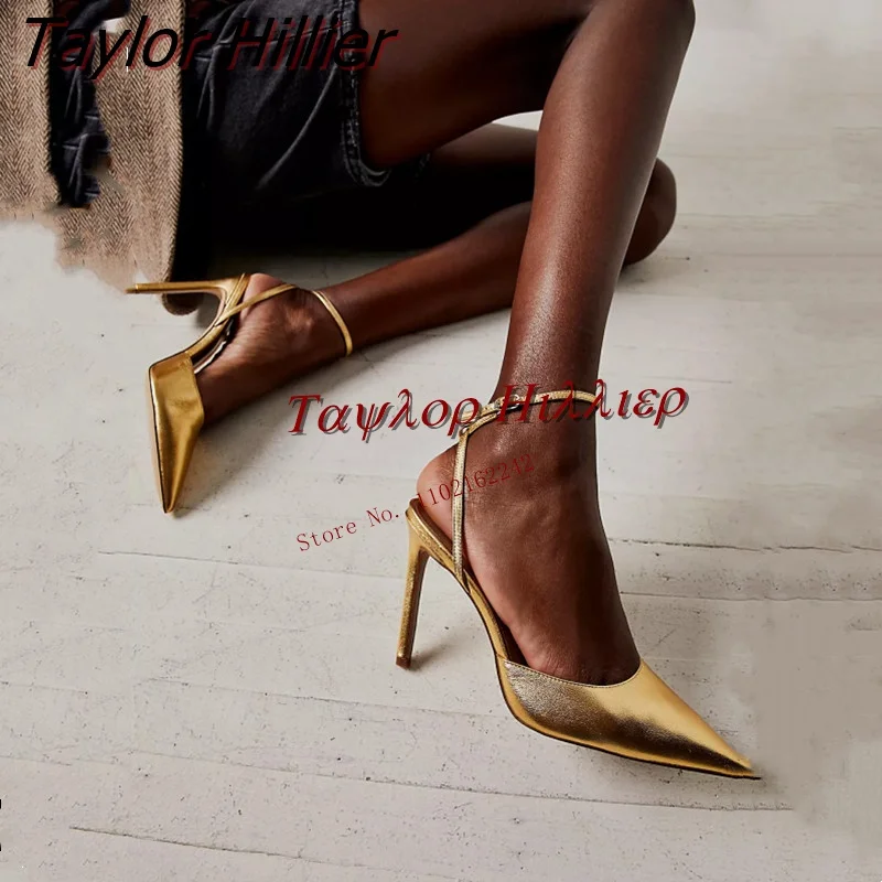 

Sexy Gold New Pumps Solid Color Pointed Toe Stiletto Buckle Strap High Heels Fashion Temperament All-Match Shallow Mouth Sandals