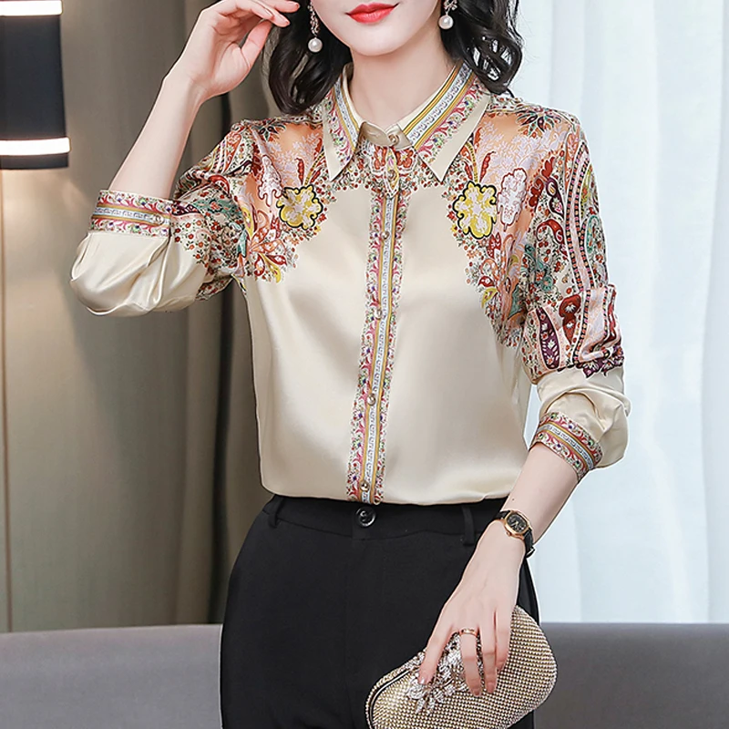 2025 Spring Fashion Floral Print Blouse Women Satin Shirts Ladies Tops Autumn Long Sleeve Silk Shirts Blusa Mujer Clothes 18440