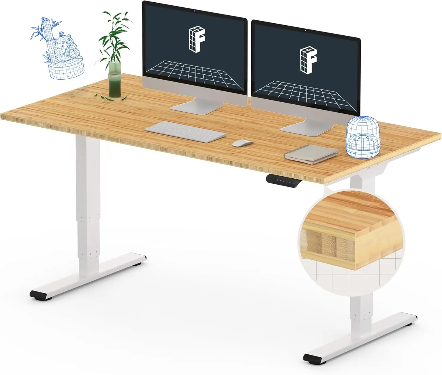 Bamboo 3 Stages Dual Motor Electric Standing Computer Desk Whole Piece Desk Board Height Adjustable Electric Sit Stand