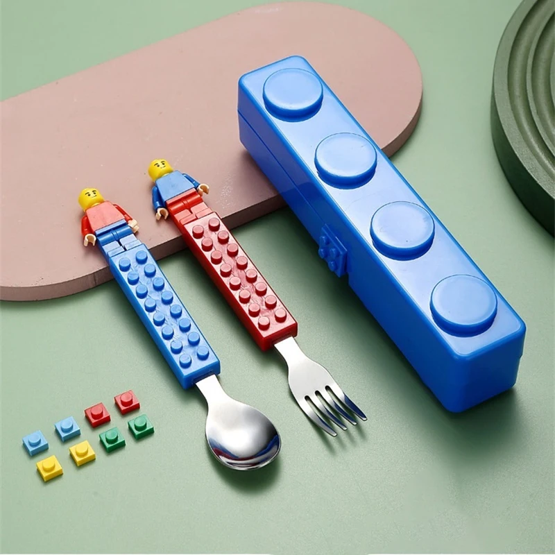Children Building Block Fork Spoon Set With Storage Box Children Stainless Steel Tableware Jigsaw Toys Utensils Gifts stainless steel cutlery set fork spoon set baby cutlery