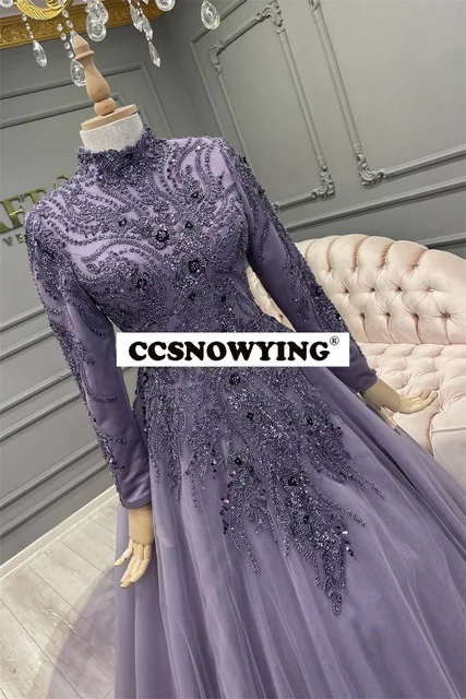 Long Sleeve Gray Tones Ruching Colorful Ball Gown - OneSimpleGown.com