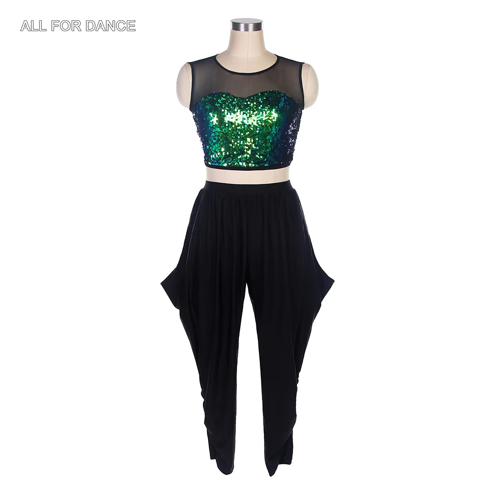 

18037 Green Sequin & Black Mesh Dance Top and Black Pants for Adult Girls Jazz & Tap & Hip Hop Dance Wear Performance Costume