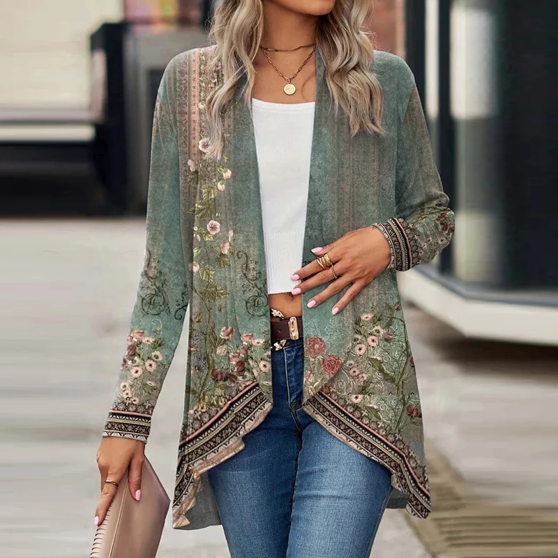 Vintage Print Jackets For Women Autumn Floral Print Cardigan Women Long Sleeve Loose Outerwear Coat 2023