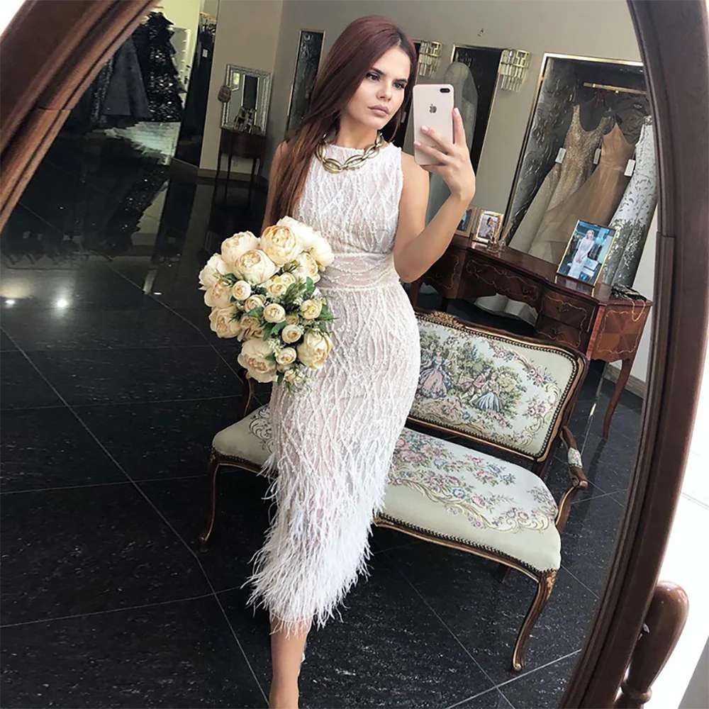 Light Blue Midi Evening Dress With Feathers Beading Black Formal Dresses For Wedding Party LA72076 Customized
