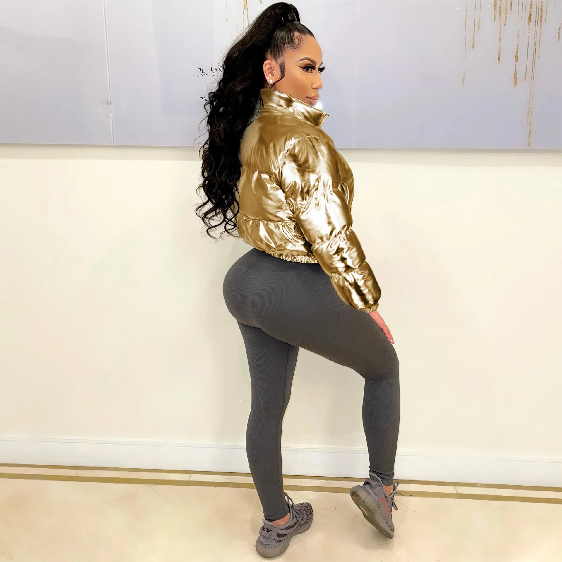 ANJAMANOR Silver Glossy Puffer Jacket Zip Up Shiny Bubble Coat Streetwear Women Clothing Winter Baddie Clothes D48-FH59