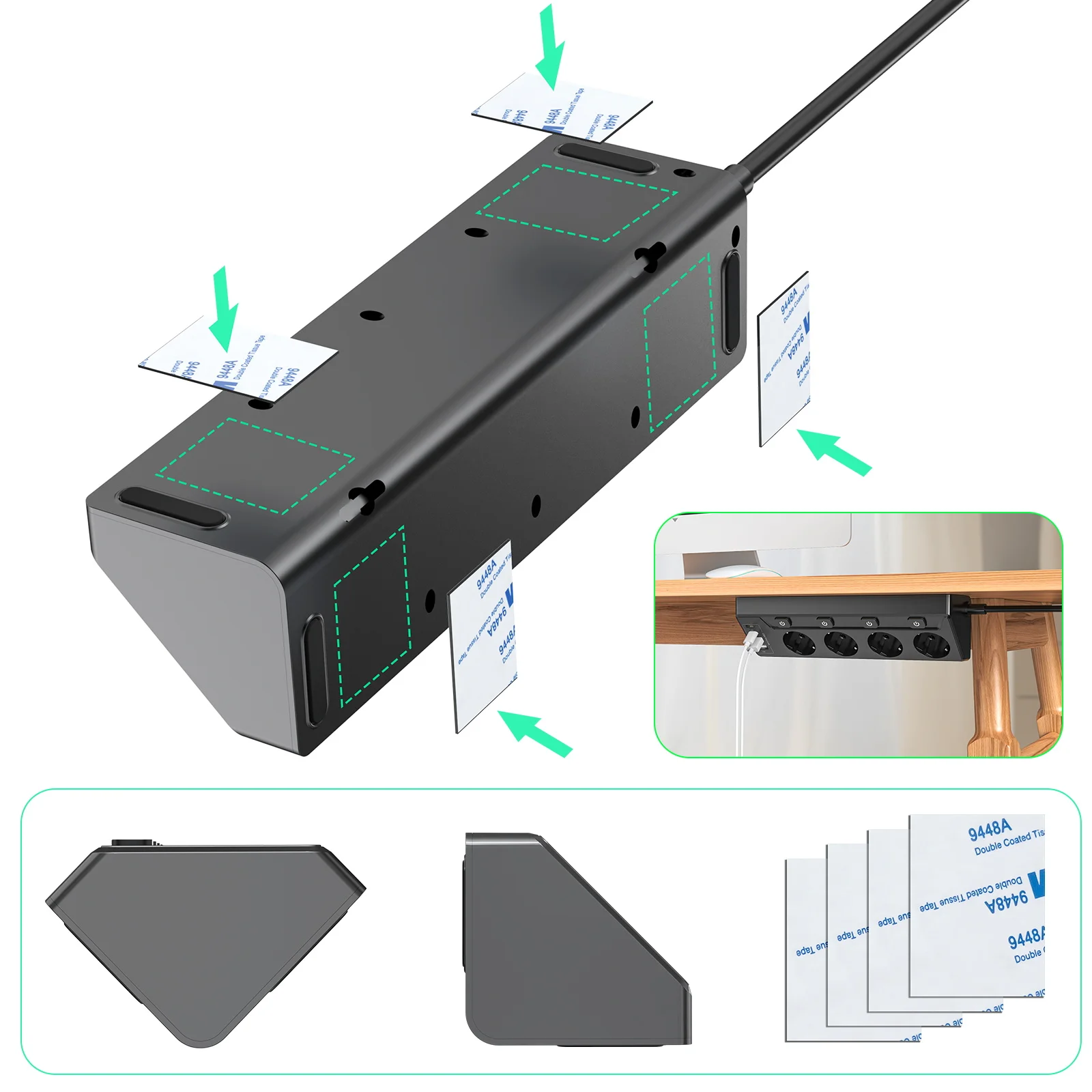 Enhanced Euro Multi-Plug Power Board with USB and Type-C Ports, Corner Sockets, and Surge Protection