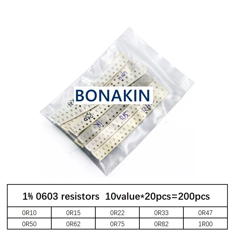 200PCS 1% 0603 SMD resistors assorted DIY kit set,10 value*20pcs=200pcs 1R00 R820 R750 R620 R500 R470 R330 R220 R150 R100